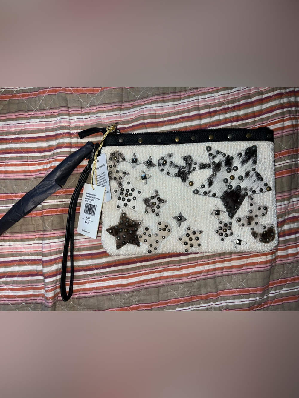 NWT Shyanne Beaded Star-Embellished Wristlet Clutch in Cream and Black